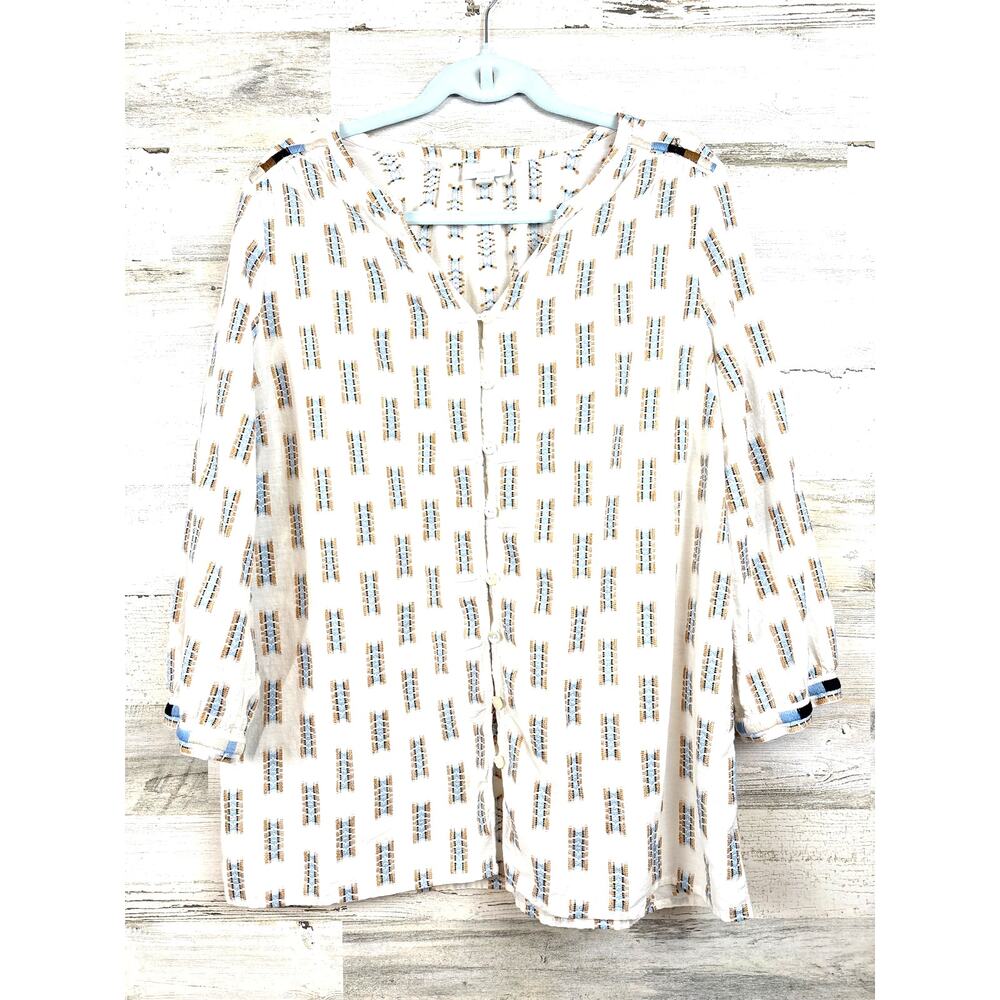 J. Jill Pure Jill Womens M White Blue Embroidered Boho Tunic Top Lightweight